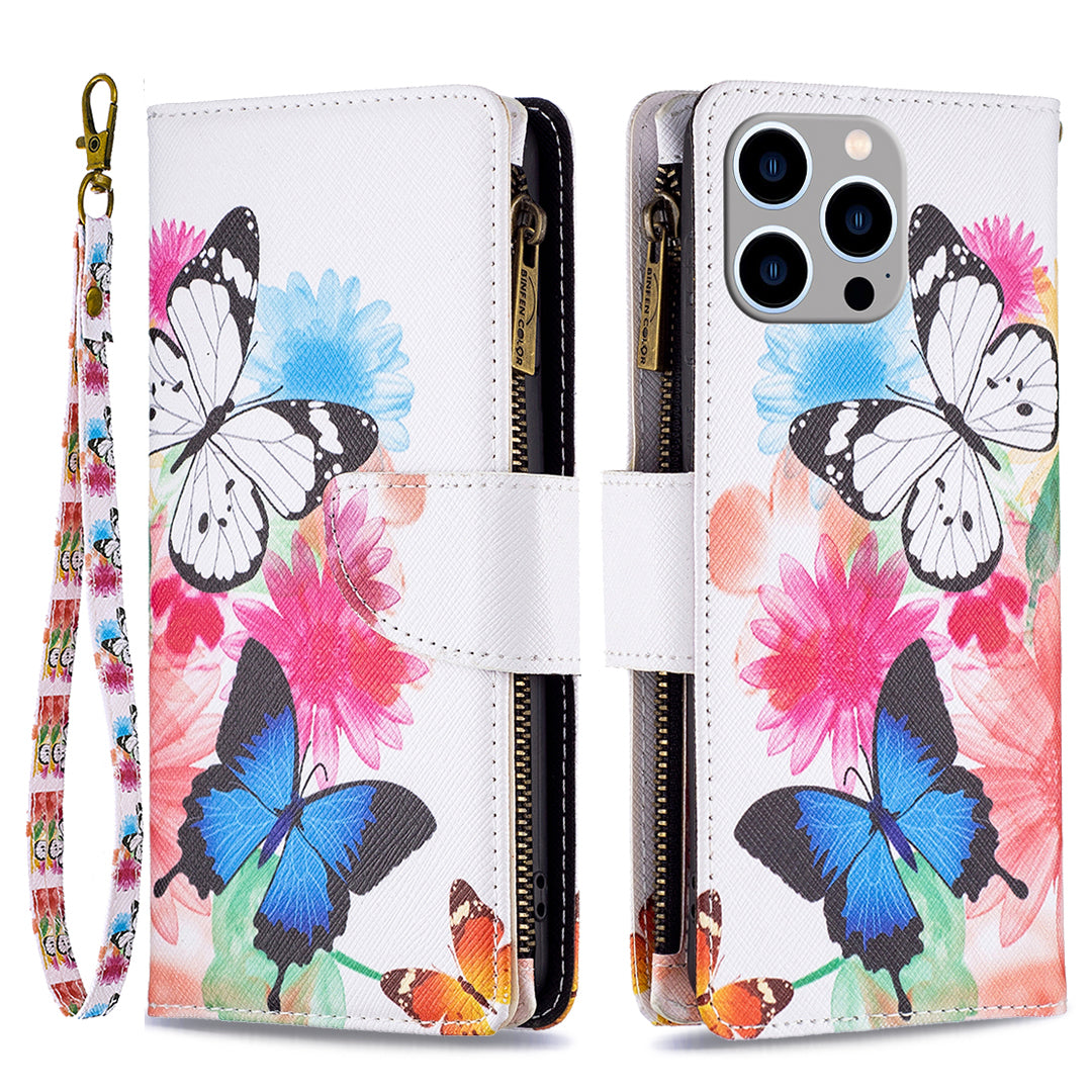 BF03 Zipper Pocket Phone Cover for iPhone 15 Pro Max , Pattern Printing Stand PU Leather Wallet Case - Two Butterflies BF03 Zipper Pocket Phone Cover for iPhone 15 Pro Max , Pattern Printing Stand PU Leather Wallet Case - Two Butterflies